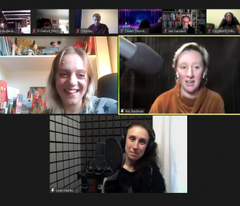 zoom screen grab. Three frames, each with smiling women in them.