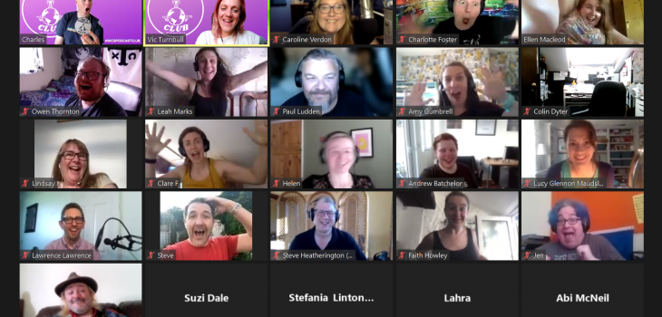 A zoom call of our meetup of podcasters