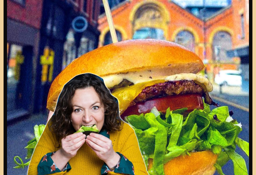 Image of a town blurred out in the background and a large burger in the centre of the background with the podcast guest Jessica Fostekew on the left wearing a yellow knitted jumper and biting into a piece of food.