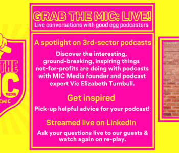 a graphic promoting grab the mic live conversations. It is pink and yellow