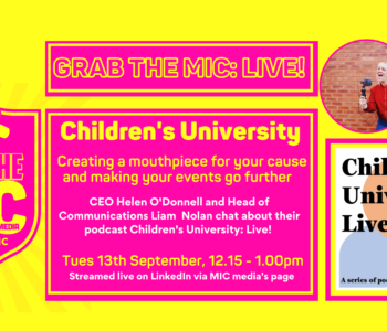a pink and yellow graphic for grab the mic